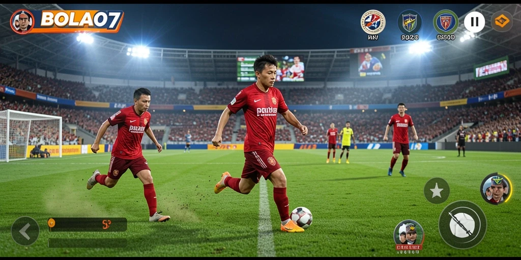 Tampilan gameplay mendebarkan dari BOLA07 yang menampilkan pertandingan sepak bola.
