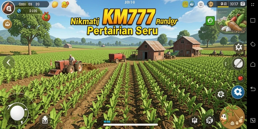 Screenshot utama KM777 menunjukkan gameplay dinamis bertani.