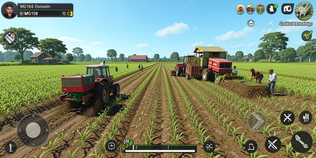 Screenshot gameplay MG108 menampilkan lahan pertanian yang subur dan aktivitas bertani.