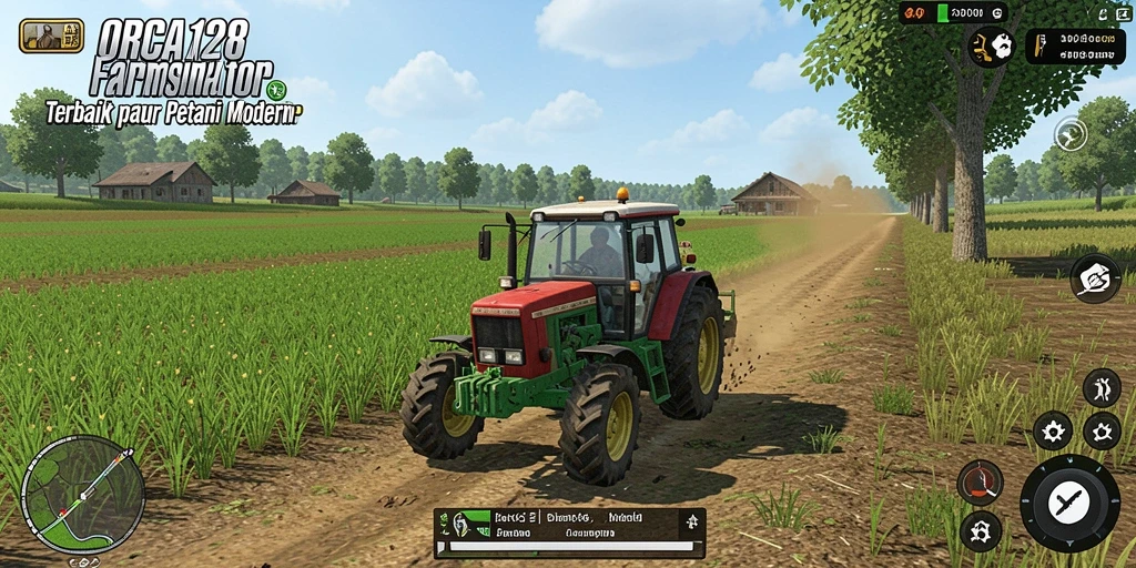 Tampilan gameplay ORCA128 dengan kebun yang subur dan beragam tanaman.